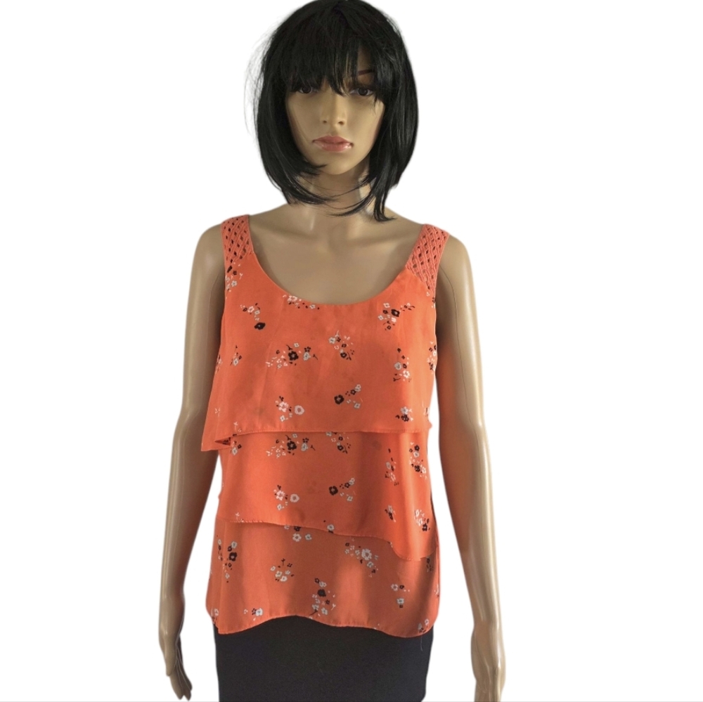 3/25$ Smart Set Floral Layered Orange Top With Crochet Straps, Size S
